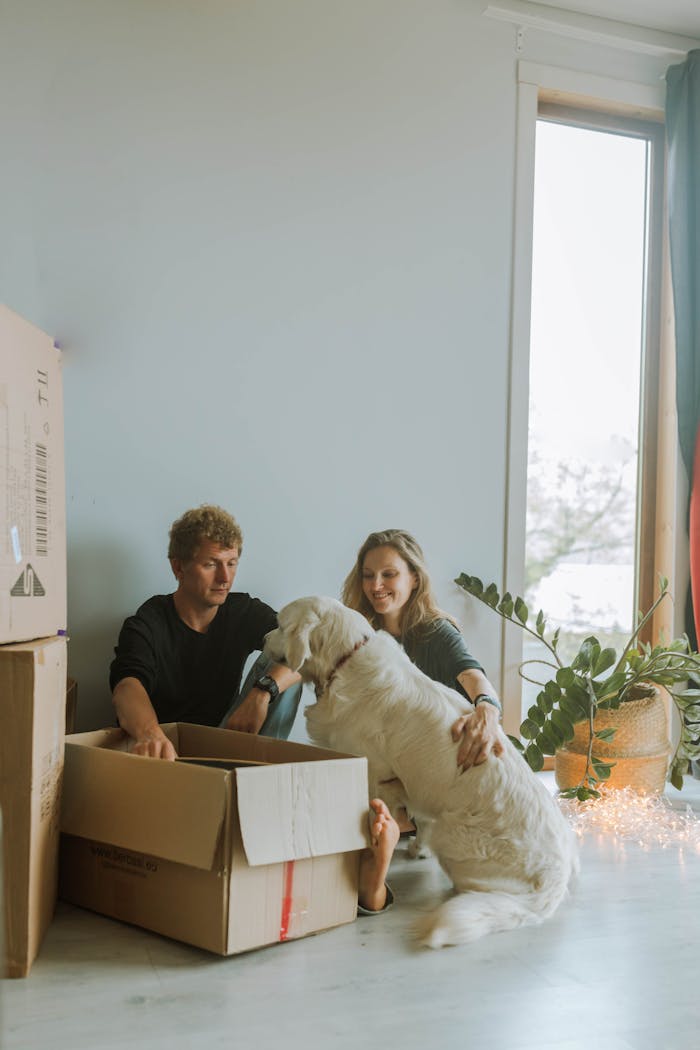 Home A couple enjoys unpacking in their new home with their dog, creating a warm and cozy atmosphere.
